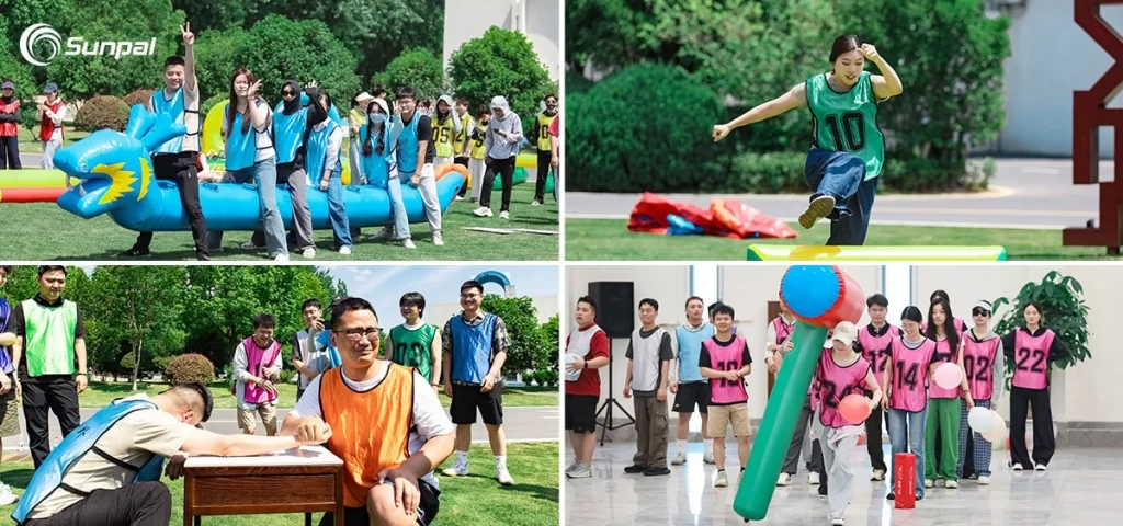Sunpal employees enjoying outdoor and indoor team-building games and activities.