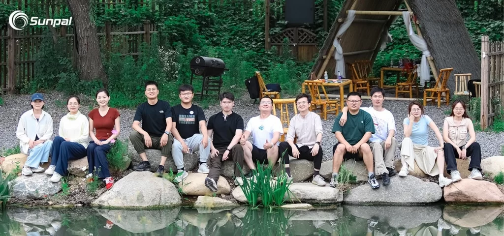 Sunpal employees sitting together on rocks by a pond in a peaceful outdoor setting.