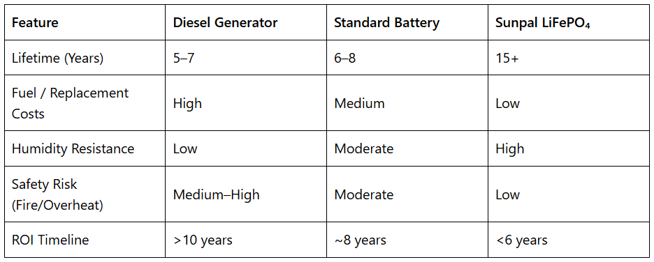 Table comparing lifetime, fuel costs, humidity resistance, safety risk, and ROI timeline for diesel generators, standard batteries, and Sunpal LiFePO4.