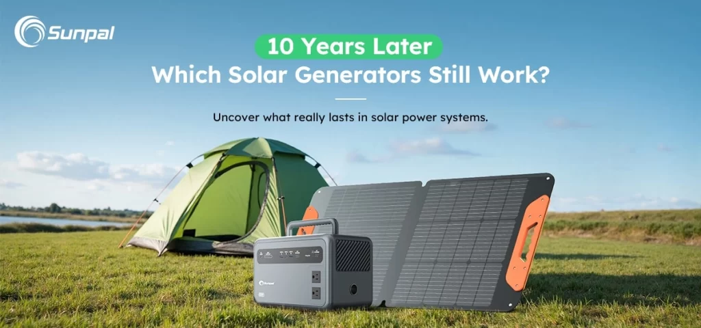 Campingszene im Freien mit einem Solargenerator und einer Solarpanel-Ladevorrichtung auf einer Wiese.