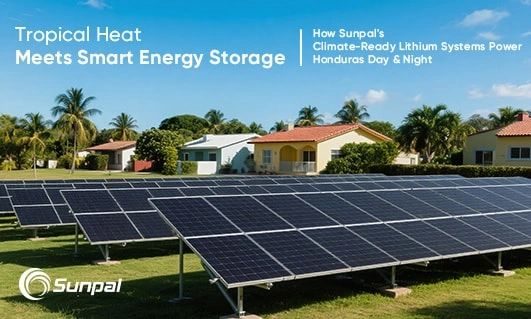 Rows of solar panels installed on a grassy field near tropical homes with palm trees under a clear blue sky.