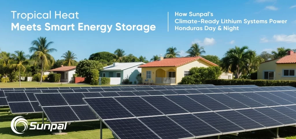 Solar panels in a tropical residential area with green lawns, palm trees, and clear weather.