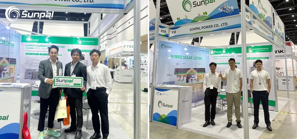 Some men posing with a Sunpal sign at an energy storage and solar system booth.