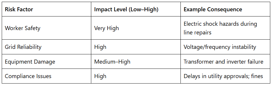 Table showing four risk factors (Worker Safety, Grid Reliability, Equipment Damage, Compliance Issues) with impact levels from Medium‑High to Very High and example consequences like electric shock, instability, equipment failure, and fines.