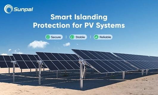 Solar farm panels on ground under a clear sky with headline “Smart Islanding Protection for PV Systems.