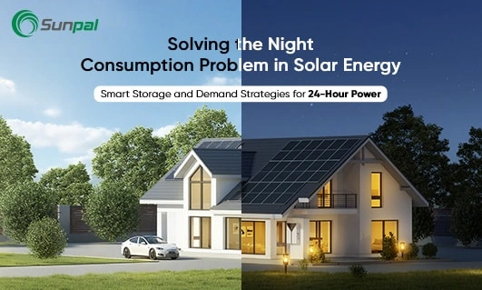 A modern home with rooftop solar panels at dusk, lights on inside, showing day-to-night energy needs.
