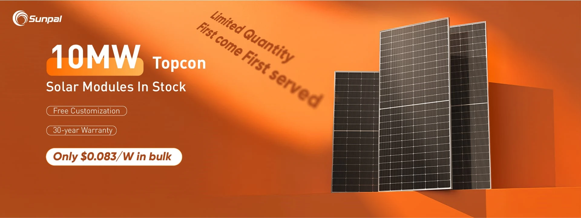 Sunpal 10MW TOPCON solar modules available in stock, high-efficiency panels for large-scale projects.