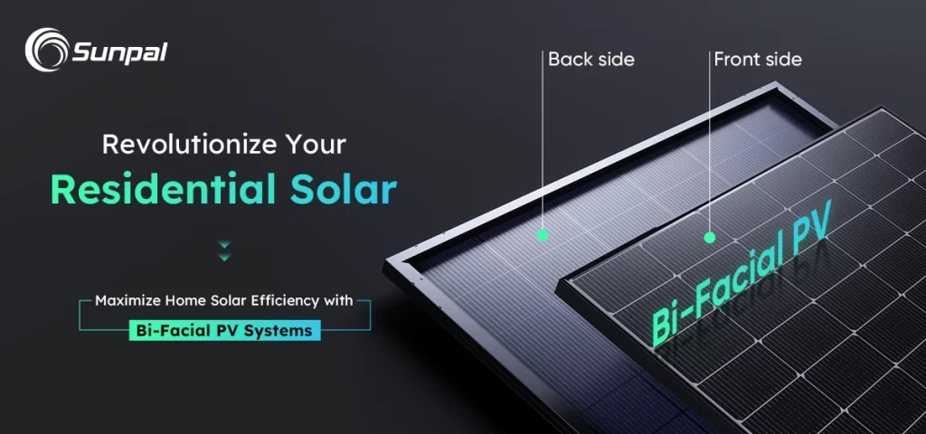 Deux modules photovoltaïques bifaciaux superposés, étiquetés face avant et face arrière, mis en évidence sur une toile de fond sombre.