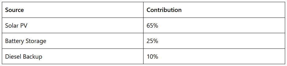 Table listing energy sources and their annual contributions: Solar PV 65%, Battery 25%, Diesel 10%.