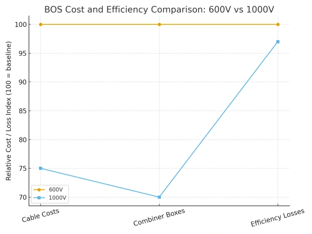 Line chart comparing BOS metrics: 600V baseline (100) across cable, combiner, efficiency; 1000V lower cable/combiner indices (~75 → 70) but higher efficiency losses (~97).