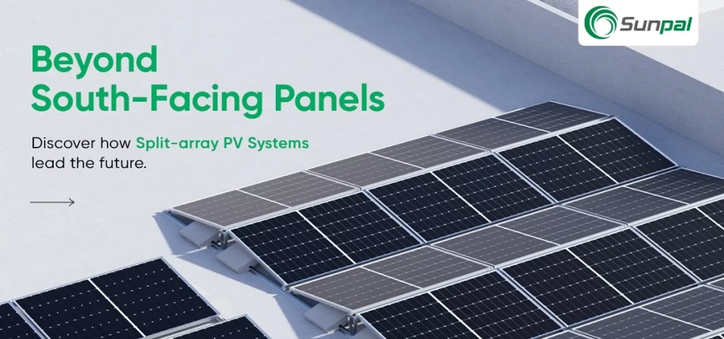 Photorealistic solar array in split‑array layout on a flat roof with a title promoting east‑west PV advantages.