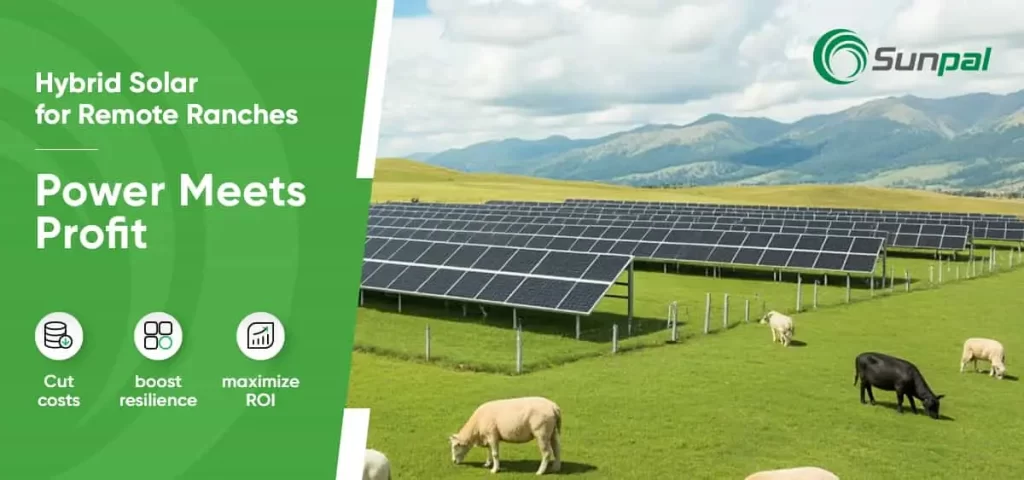 Wide banner of a solar array on rolling hills, with icons for savings and resilience overlaid.