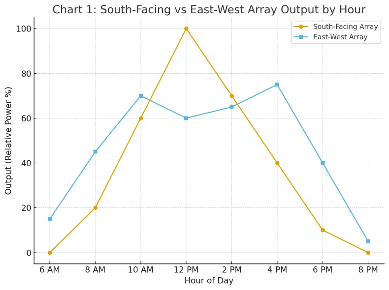 Line chart comparing relative power by hour: south‑facing peaks at 100% at 12 PM, east‑west peaks at 75% at 4 PM; east‑west produces more in morning and late afternoon.