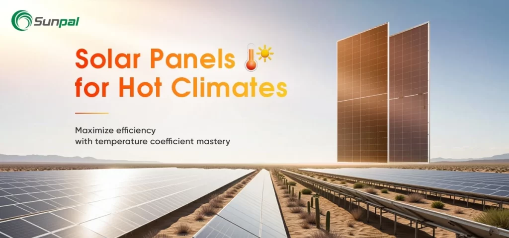 Wide shot of PV arrays in a hot, arid landscape with title about choosing panels based on temperature performance.