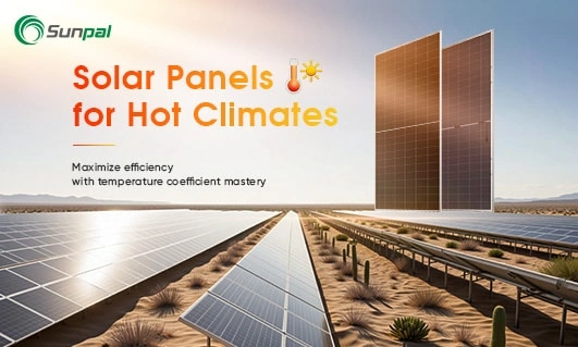 Desert solar farm and large PV panels with headline “Solar Panels for Hot Climates” — banner for a guide on temperature coefficient effects.