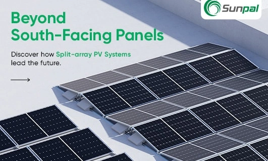 Banner with close‑up of rooftop split‑array solar panels and bold headline “Beyond South‑Facing Panels.”