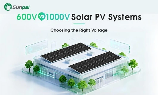 Isometric building rooftop with PV arrays and text “600V vs 1000V Solar PV Systems” — banner for a guide on selecting system voltage.