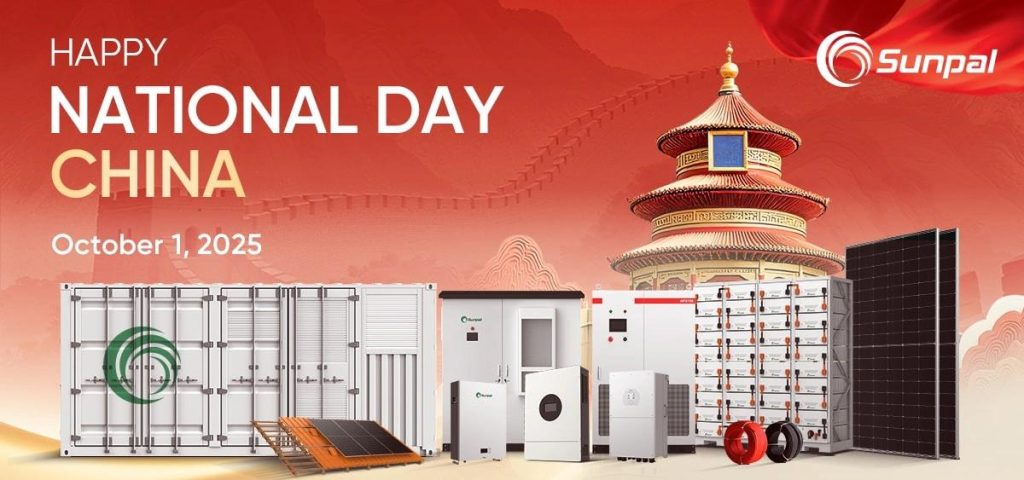 Festive graphic showing solar products and a Chinese temple under “Happy National Day”