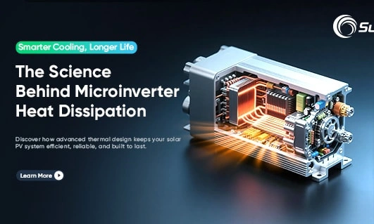 Cutaway microinverter showing internal heat paths and glowing components; banner about heat dissipation techniques for longer PV life.