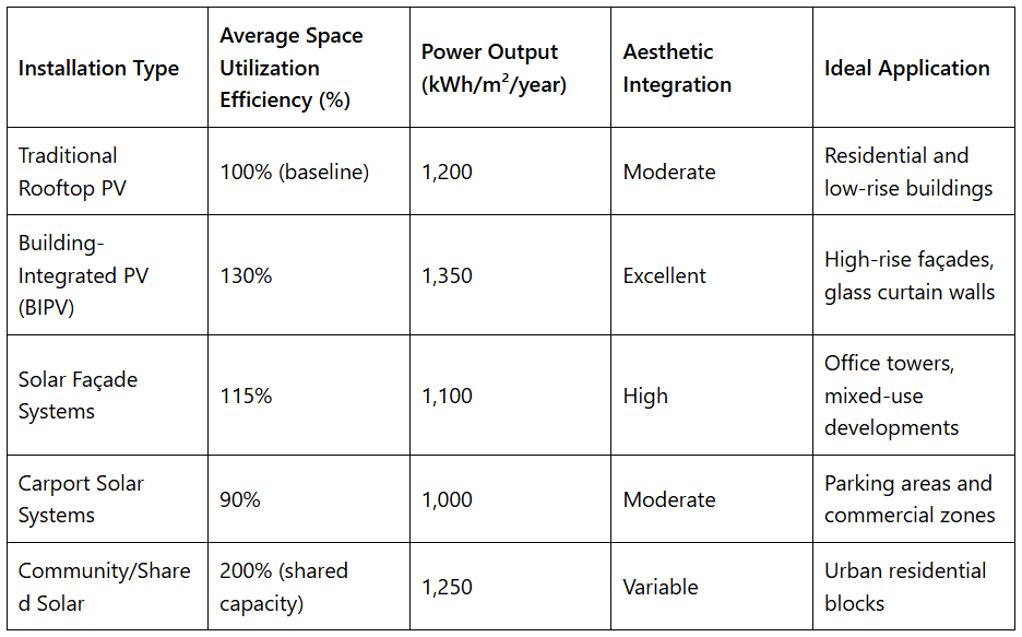 Comparison of PV installation types by space efficiency, output, and use cases.