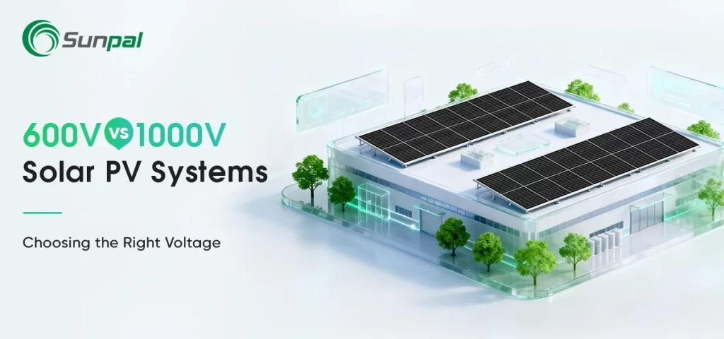 Clean graphic of rooftop solar and schematics with headline about choosing between 600V and 1000V PV configurations.