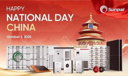 Red National Day banner with Sunpal logo and solar equipment.