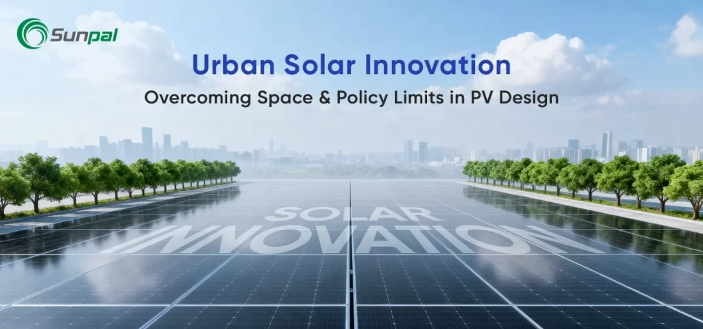 Solar panels stretching toward a city, caption about overcoming space and policy limits.