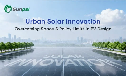 Rooftop solar array with city skyline and headline “Urban Solar Innovation.”
