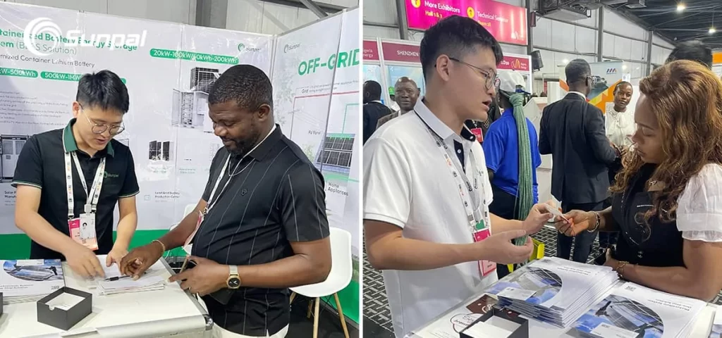 Sunpal representatives discussing brochures and product details with visitors at a busy exhibition booth.