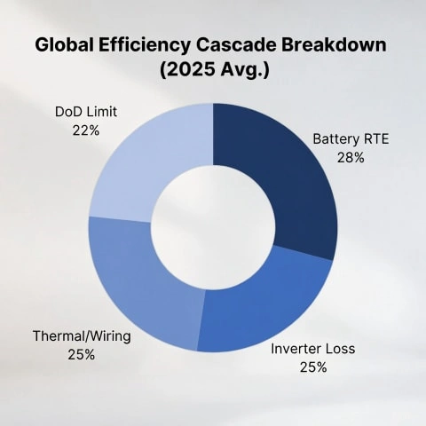 Donut chart showing efficiency losses: Battery RTE 28%, Inverter Loss 25%, Thermal/Wiring 25%, DoD Limit 22%.