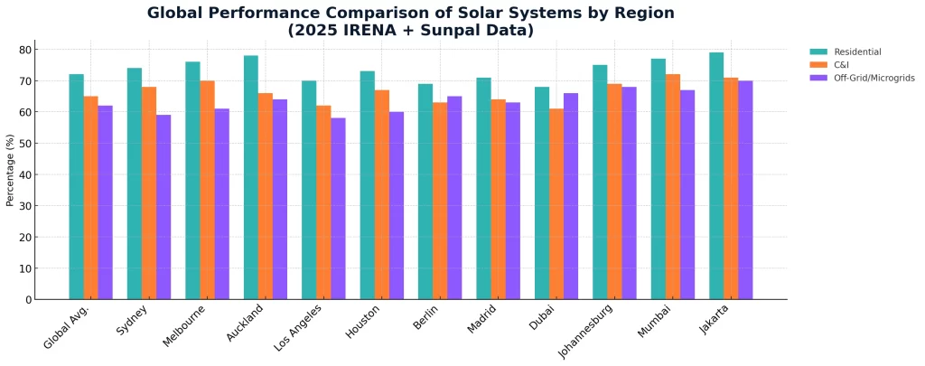 Bar chart of residential, C&I, and off‑grid solar percentages by region (residential ~72–79%, C&I ~60–73%, off‑grid ~59–70%).