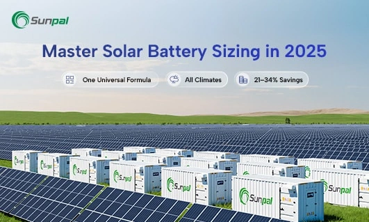 Banner showing large solar field and modular battery containers with title text “Master Solar Battery Sizing in 2025.”