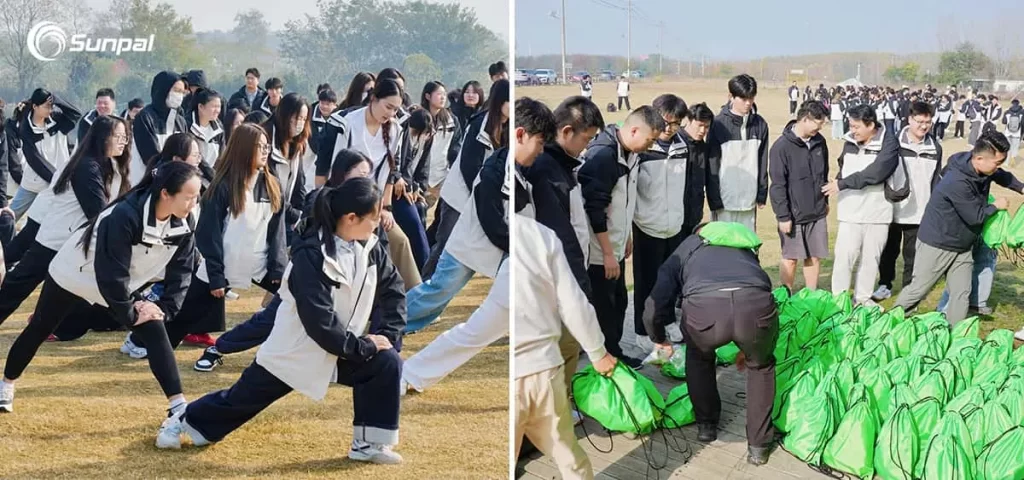 Two-panel outdoor photo: left shows Sunpal staff stretching on a grassy field; right shows employees gathering green drawstring bags during the team event.