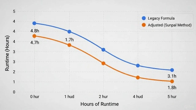 Line chart: Legacy (blue) and Sunpal (orange) runtimes by hours; Legacy higher at each point (e.g., 4.8h vs 4.7h at 0h, 2.1h vs 1.0h at 5h).