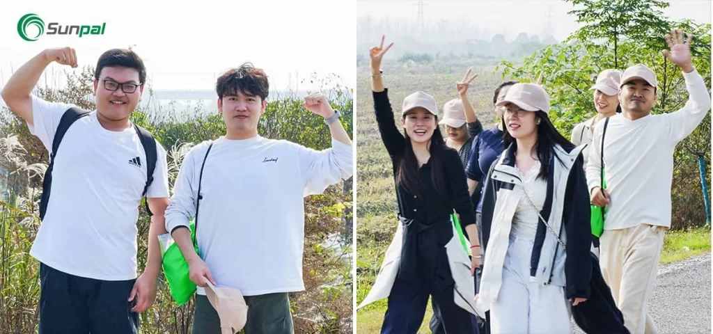 Two-panel photo of Sunpal employees outdoors: left shows two men posing and flexing, right shows a group of colleagues walking and waving with green bags.