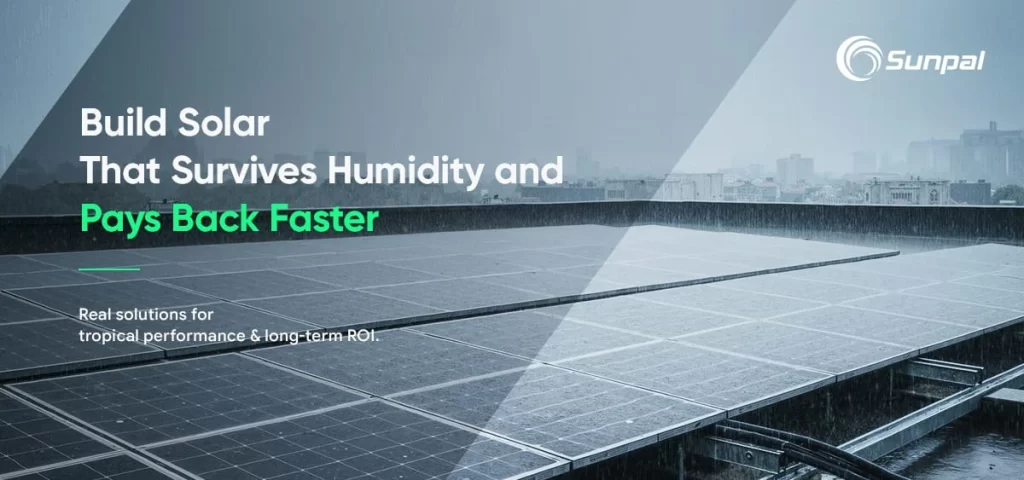 Close-up of rugged solar panels with rain droplets and a humid-air cityscape in the background.