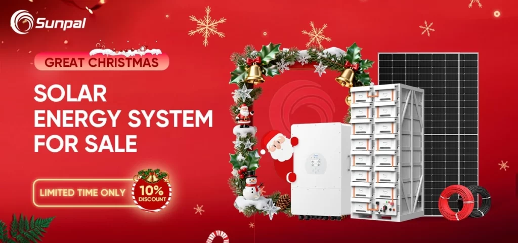 Christmas-themed backdrop featuring Sunpal logo, solar equipment, and decorative ornaments.