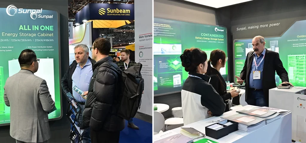 European clients consulting Sunpal experts on all-in-one energy storage cabinets and containerized battery systems at Solar Solutions Düsseldorf 2025.
