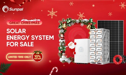 Red holiday banner with solar panels, storage units, and banners celebrating Christmas.