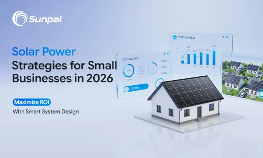 A 3D home with solar panels and floating dashboards showing cost savings and ROI.
