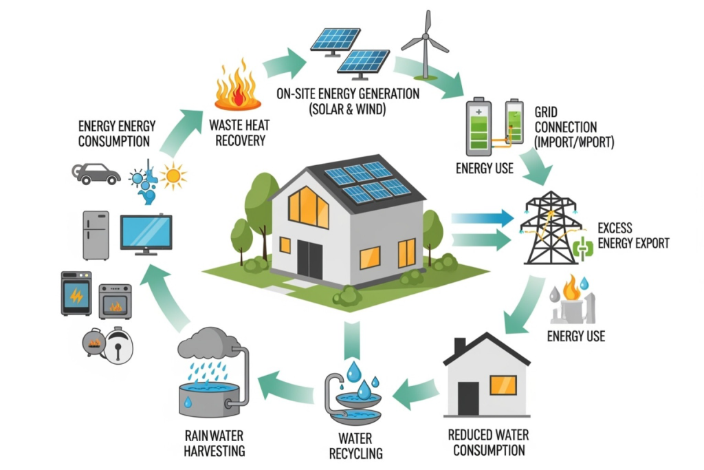 Infographic showing a house at center with energy loops (generation, use, recycling, harvesting) describing a closed-loop energy system.