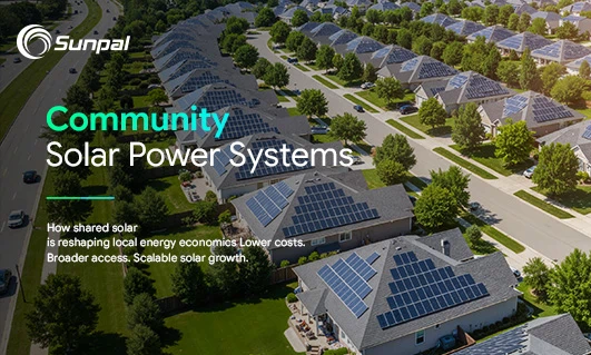 A sunny residential neighborhood with rooftop solar arrays powering homes, representing shared solar.