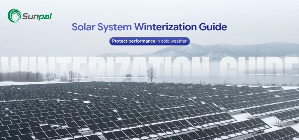 Sunrise over a snow-covered solar array, highlighting winter readiness.
