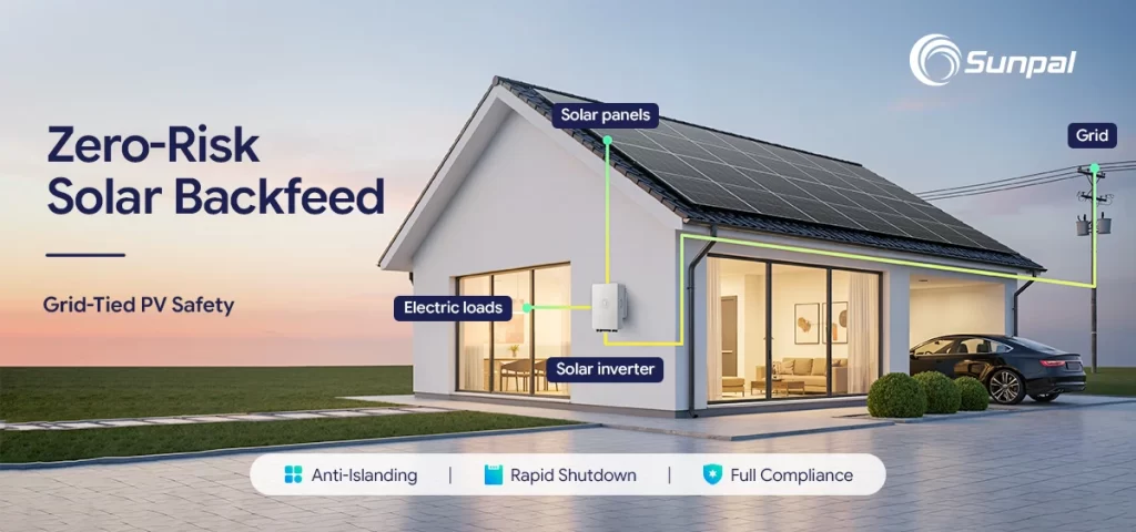 Diagram of solar panels, inverter, and grid connection with safety labels for backfeed prevention.