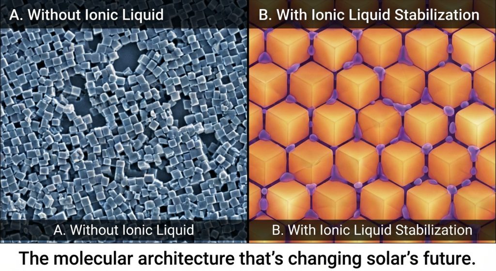 With& without Ionic Liquid stabilization of perovskite crystal structure comparison.