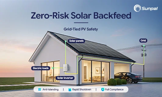 A modern house with solar panels, showing backfeed prevention connections to the grid and inverter.