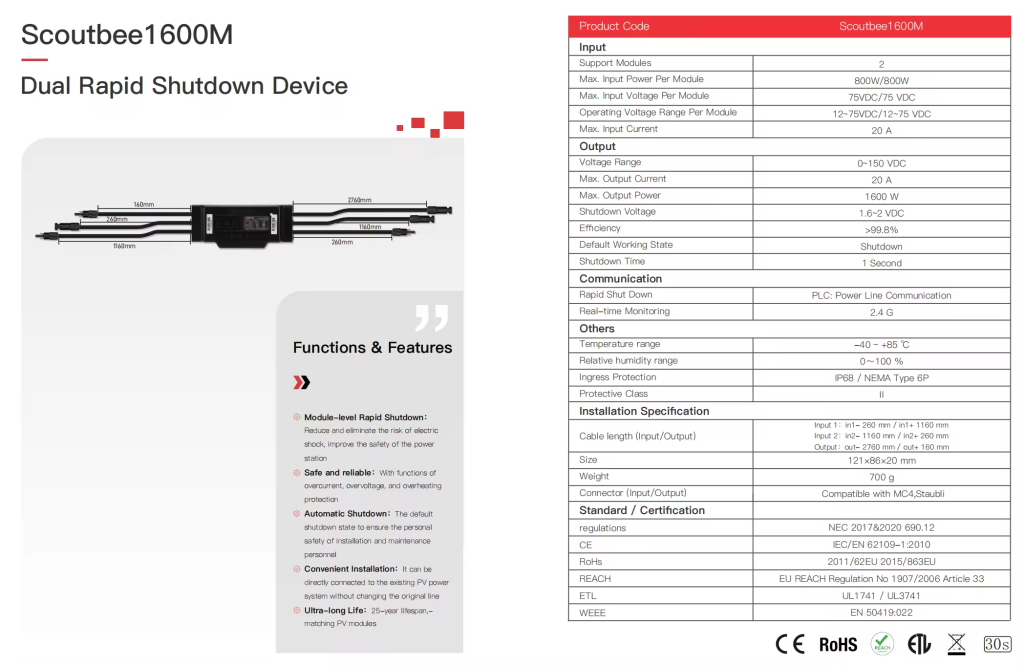 Product sheet image showing a dual rapid shutdown device with specifications and installation details.