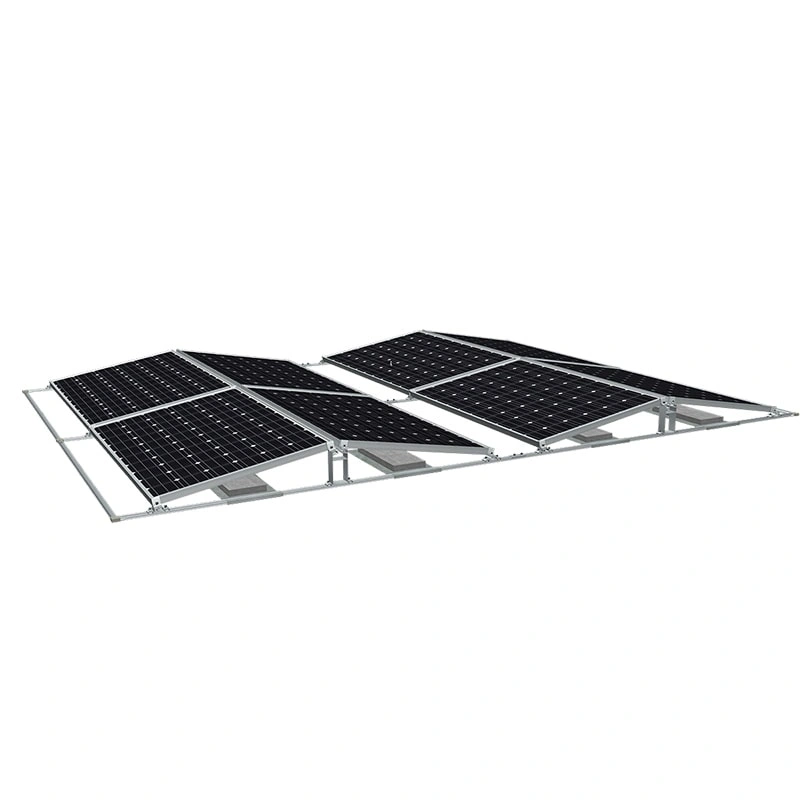 Front view render of solar ballast mounting structure showing panel layout