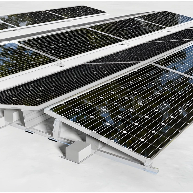 Side view render of durable ballast roof mounting structure showing support beams