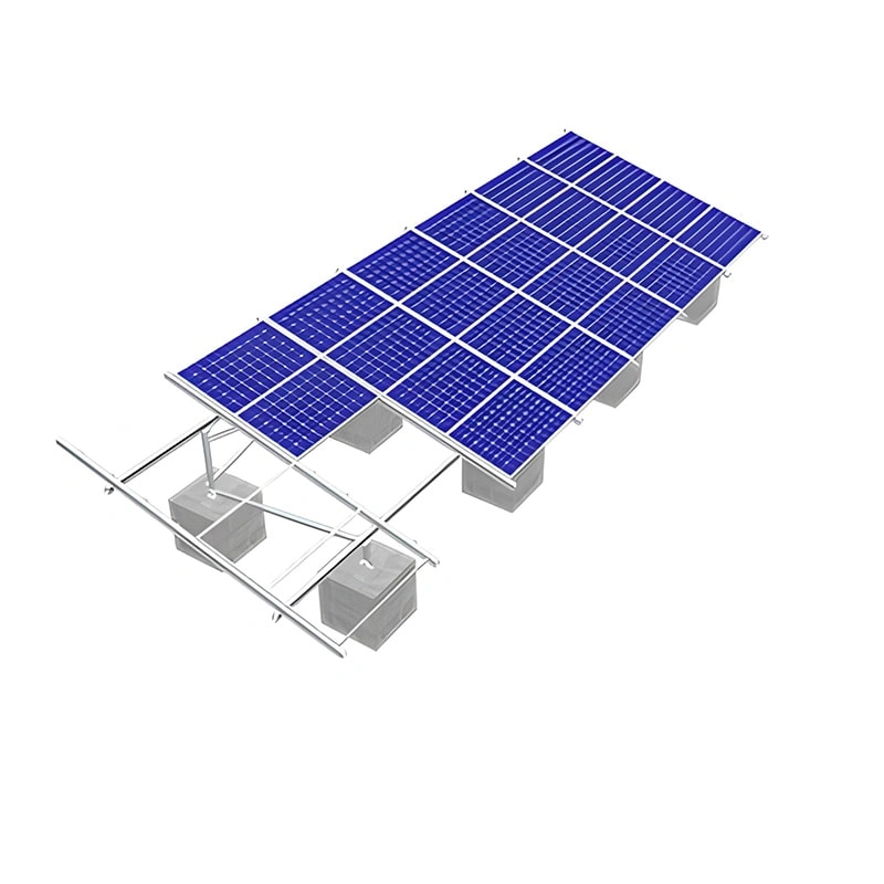 Front and top view 3D render of concrete foundation mounting structure with solar panels